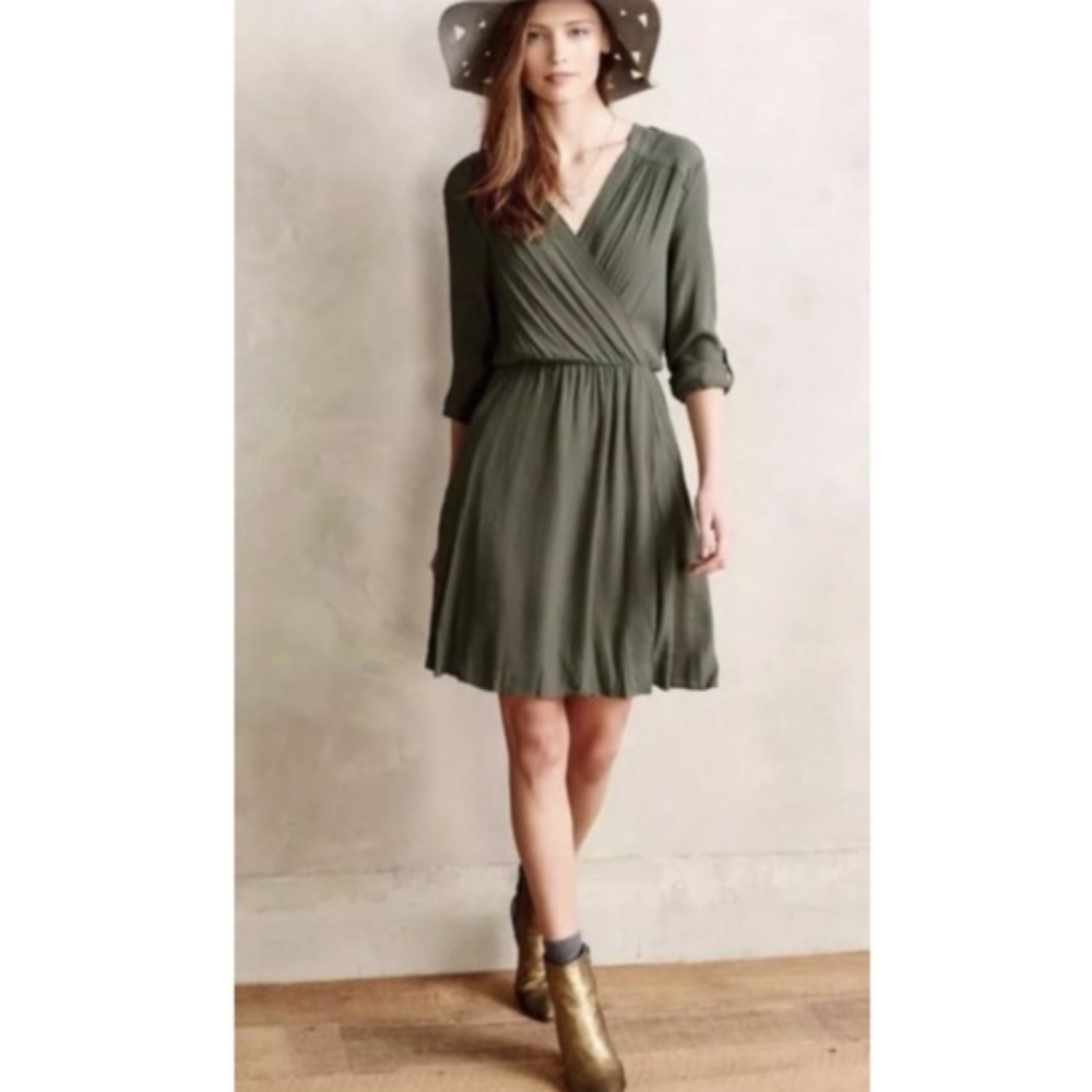 Anthropologie Maeve Olive Green Long Sleeve Fit & Flare Faux Wrap Dress